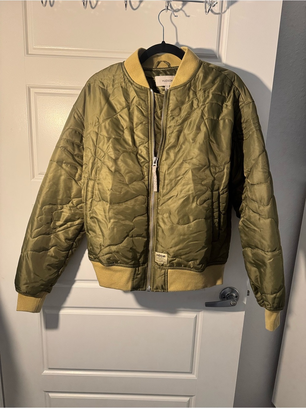 Hudson Jeans Olive Green Quilted Puffer Jacket with Tan Rib Trim